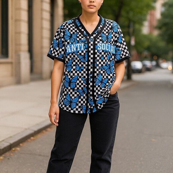 Cult Favorite Butterfly Checkered Antisocial Short Sleeve Top Women's XS‎ - Picture 1 of 3